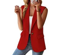 Chaleco Mujer Vestir,Blazer Sin Mangas para Mujer, Estilo Vintage, con Solapa con Muescas, Largo, para Oficina, con Forro Completo, Chaqueta De Un Botón con Bolsillos, Talla Grande, Color Rojo, Xxl
