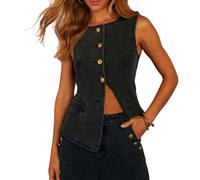Chaleco Mujer Vestir Chaleco Largo De Mezclilla Para Mujer Elegante Sin Mangas Tipo Blazer Chaleco Con Botones Dorados Cuello Redondo Corte Ajustado Estilo Vaquero Top Largo Informal Chalecos Para M