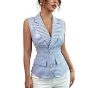 Chaleco Mujer Vestir Chalecos Para Mujer Modernos De Rayas Azul Claro Con Solapa De Muesca Sin Mangas Elegantes Para El Trabajo Tipo Blazer Con Bolsillos Elegantes De Traje De Esmoquin Vintage Para