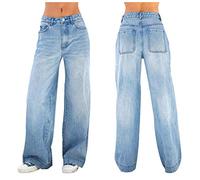 Chaleco negro mujer piernas pantalones pierna suelta recta ancha jeans envoltura denim pantalones mesa de hormigón, azul oscuro, XS