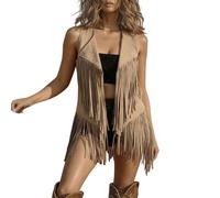 Chaleco occidental con flecos y borlas, sin mangas, de ante sintético, chaleco de vaquera hippie de los años 70, abrigo bohemio con frente abierto para mujer, festival del Reino Unido y ropa exterior