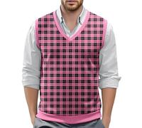 Chaleco para hombre sin mangas a cuadros chaleco de punto con cuello en V suéter vintage cálido chaleco de trabajo ajustado jersey chaleco de punto casual chaleco de punto chaleco de golf, O rosa