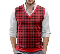 Chaleco para hombre sin mangas a cuadros chaleco de punto con cuello en V suéter vintage cálido chaleco de trabajo ajustado jersey chaleco de punto casual chaleco de punto chaleco de golf, O rojo., L