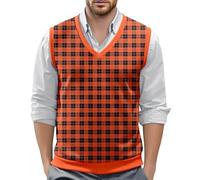 Chaleco para hombre sin mangas a cuadros chaleco de punto con cuello en V suéter vintage cálido chaleco de trabajo ajustado jersey chaleco de punto casual chaleco de punto chaleco de golf, O Orange, M