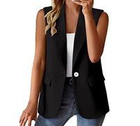 Chaleco para mujer, elegante, liso, corto, con bolsillos, de verano, ajustado, de trabajo, de traje, de sport, con solapas, negro1, XXXL