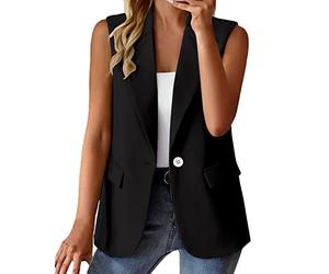 Chaleco para mujer, elegante, liso, corto, con bolsillos, de verano, ajustado, de trabajo, de traje, de sport, con solapas, negro1, M