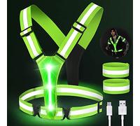 Chaleco Reflectante Bicicleta LED Recargable, Chalecos Reflectantes Seguridad con Ajustable, Chaleco Reflectante para Niños con 2 Bandas Reflectantes para Ciclismo, Carrera, Trotar por la noche