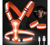 Chaleco Reflectante Bicicleta LED Recargable, Chalecos Reflectantes Seguridad con Ajustable, Chaleco Reflectante para Niños con 2 Bandas Reflectantes para Ciclismo, Carrera, Trotar por la noche