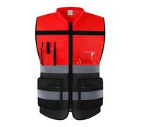 Chaleco Reflectante de Alta Visibilidad con Bolsillos con Cremallera para Caminar Nocturno, Rojo Negro XL