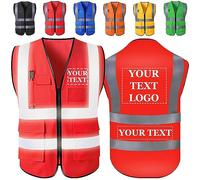 Chaleco Reflectante Personalizado Chaleco de Seguridad Con Logo/Texto Chalecos de Alta Visibilidad Personalizados Con Bolsillos y Cremallera, Disponibles Al Por Mayor Para Hombres y Mujeres-Rojo
