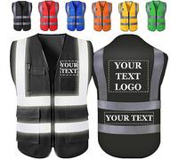 Chaleco Reflectante Personalizado Chaleco de Seguridad Con Logo/Texto Chalecos de Alta Visibilidad Personalizados Con Bolsillos y Cremallera, Disponibles Al Por Mayor Para Hombres y Mujeres-Negro