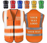 Chaleco Reflectante Personalizado Chaleco de Seguridad Con Logo/Texto Chalecos de Alta Visibilidad Personalizados Con Bolsillos y Cremallera, Disponibles Al Por Mayor Para Hombres y Mujeres-Naranja