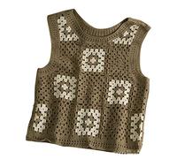 Chaleco sin mangas de ganchillo para mujer, cuello redondo, patrón geométrico cuadrado, suéter para camiseta sin mangas, chaleco de punto, caqui, Talla única