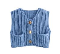 Chaleco sin mangas para mujer, cuello en V, cárdigan de un solo botonadura, azul mar, S