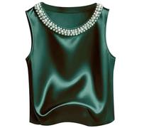 Chaleco sin mangas para mujer, cuello redondo, chaleco chic y elegante, corte holgado, informal, color liso, francés, camiseta sexy de satén, camisola de verano, retro, versátil, fiesta básica, verde