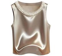 Chaleco sin mangas para mujer, cuello redondo, chaleco chic y elegante, corte holgado, informal, color liso, francés, camiseta sexy de satén, camisola de verano, retro, versátil, fiesta básica, beige