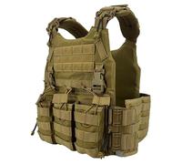 Chaleco táctico de airsoft modelo FCS color tan Tactical vest Sixmm. Sistema molle, triple pouch delantero y sistema QD en hombros y laterales. Ajustable en tamaño