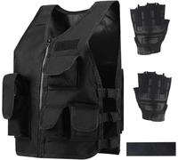 Chaleco táctico para niños al aire libre, chaleco de combate para niños, chaleco transpirable ajustable con guantes cortos de medio dedo para niños, Negro, One Size