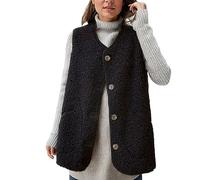 Chaleco térmico para mujer Attumn invierno sólido de felpa compuesto chaleco chaqueta sin mangas bolsillo dos maneras desgaste ropa exterior, Negro , L