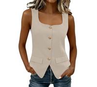 Chaleco tipo blazer sin mangas con cuello cuadrado para mujer con cierre frontal de botón y bolsillos con solapa, chaleco ajustado para ropa de trabajo de negocios, trajes de oficina casuales