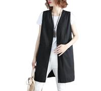 Chaleco Vestir Mujer Chaleco Largo De Lino Para Mujer Ligero Sin Mangas Chaqueta Tipo Blazer Informal Holgado Abrigo Largo Tipo Gabardina Cárdigan Con Frente Abierto Chaleco Largo Para Negro