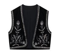 Chaleco vintage bordado floral Y2K sin mangas con frente abierto, estilo bohemio, francés, corto, cuello en V, chaleco de terciopelo bordado con cuentas, 1a-negro, M