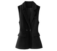 Chaleco vintage sin mangas para mujer, casual, con solapa, doble botonadura, para oficina, ajustado, abrigo, Negro, L