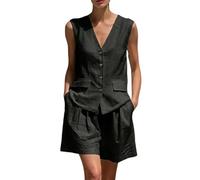 Chaleco y pantalones cortos de dos piezas para mujer, sin mangas, con botones frontales, estilo elegante de cuello en V, adecuado para el trabajo y momentos formales, 1B-negro, 3XL