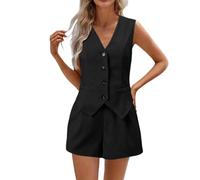 Chaleco y pantalones cortos de dos piezas para mujer, sin mangas, con botones frontales, estilo elegante de cuello en V, adecuado para el trabajo y momentos formales, 1a-negro, L