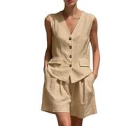 Chaleco y pantalones cortos de dos piezas para mujer, sin mangas, con botones frontales, estilo elegante de cuello en V, adecuado para el trabajo y momentos formales, 1b-caqui, S