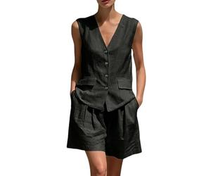 Chaleco y pantalones cortos de dos piezas para mujer, sin mangas, con botones frontales, estilo elegante de cuello en V, adecuado para el trabajo y momentos formales, 1B-negro, 3XL