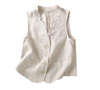 Chalecos de lino y algodón para mujer color liso con cárdigan exterior casual, cuello en V chaleco para ir al trabajo con traje