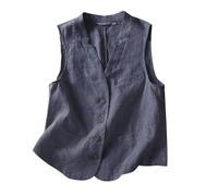 Chalecos de lino y algodón para mujer color liso con cárdigan exterior casual, cuello en V chaleco para ir al trabajo con traje