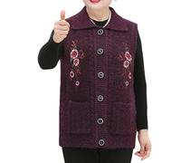 Chalecos De Punto para Mujer Chalecos De Punto Trenzado Afelpados Chalecos De Abuela con Solapa y Botones Delanteros Abrigos De Punto Cálidos para Mujeres Mayores Cárdigans Sin Mangas Bordados Col
