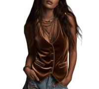 Chalecos de terciopelo retro para mujer - Chalecos de disfraces con Escote en V profundo y botones - Moda femenina, estilo y elegancia (Brown,L)