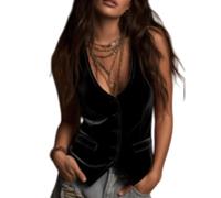 Chalecos de terciopelo retro para mujer - Chalecos de disfraces con Escote en V profundo y botones - Moda femenina, estilo y elegancia (Black,L)