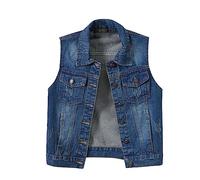 Chalecos vaqueros para mujer, color azul oscuro, chaleco vaquero sin mangas, chaqueta de hombro de mezclilla, corte ajustado, solapa con bolsillos en el pecho, chaqueta vaquera corta acanalada, ligera