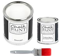 CHALK PAINT Bianco Gesso y acabado + pincel - Kit listo para pintar y proteger (750 ml color + 250 ml acabado + pincel profesional 40)