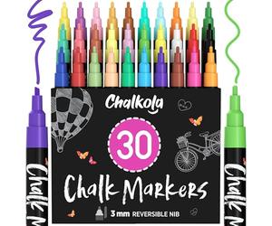 Chalkola 30 Marcadores - Pluma de vidrio de ventana de pizarra de pizarra húmeda no tóxica - Punta reversible de balas y cinceles de 3 mm