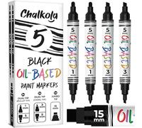 Chalkola 5 bolígrafos de pintura negra al óleo (4 puntas dobles, 15 mm jumbo) - Marcadores de pintura a base de aceite para metal, tela, vidrio, rocas, neumáticos de automóviles, muebles, superficies