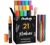 Chalkola Los rotuladores de tiza líquida de colores metálicos; Paquete de 21 rotulador para utilizar en la pizarra blanca, el pizarrón, la ventana, las etiquetas, los bistrós - Punta redonda de 6mm