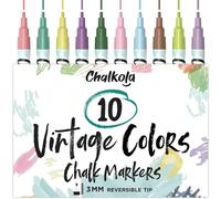 Chalkola Marcadores de tiza líquida para pizarras (10 colores vintage) | Seguro para niños, no tóxico, sin polvo y borrable | Revés reversible de 3 mm y punta de cincel
