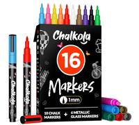 Chalkola Rotuladores de Tiza Extra Finos para Pizarra y Cristal (Pack de 16, Punta 1mm) | Marcadores para Ventanas, Rotuladores de Tiza Líquida para Pizarra Blanca, Espejos, Coche | Borrables