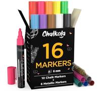 Chalkola - Rotuladores de tiza líquida y colores metálicos - Paquete de 16 rotuladores de tiza - para pizarras, ventanas, vidrio, bistro, 6 mm, tinta borrable reversible y punta de cincel