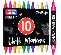 Chalkola Rotuladores de tiza para pizarra, lavables con doble punta, juego de 10 unidades, 1 mm, 5 mm, fino y ancho, dorado y plateado, marcadores de tiza borrables para ventanas, rotuladores de