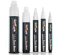 Chalky Crown - 5 Rotuladores Cristal Borrable Tiza Líquida Blanca, No Tóxicos, para Ventanas y Vidrio - Marcadores de Pizarra Líquida, Puntas de 1, 3, 6, 10, 15 mm