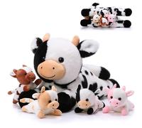 Chalyna 5 Piezas Set de Peluche de Vaca Animal de Peluche de Vaca Mamá de 35 cm Adorable con 4 Vacas Bebés Lindas en su Barriga Animal de Juguete de Peluche de Vaca Suave Tierno para Niños(Querido)