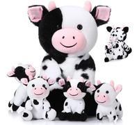 Chalyna 5 Piezas Set de Peluche de Vaca Animal de Peluche de Vaca Mamá de 35 cm Adorable con 4 Vacas Bebés Lindas en su Barriga Animal de Juguete de Peluche de Vaca Suave Tierno para Niños(Lindo)