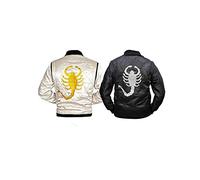 Chamarra Drive de Fashion_First - Chaqueta Ryan Gosling - Chamarra de aviador de satén acolchado con logo de escorpión blanco para hombre, blanco, XL