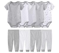 Chamie Body de manga corta para bebé recién nacido, pantalones de bebé de una sola pieza, 5 piezas con pantalones, 4 piezas de algodón puro, adecuado para niños y niñas, 0-12 meses, gris, 3-6 Months